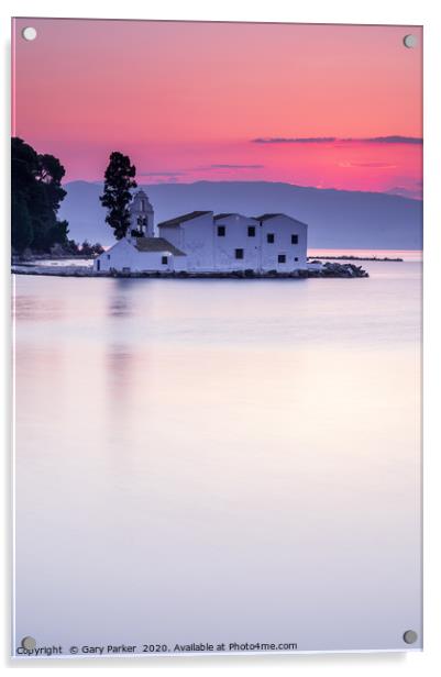 Vlacherna Monastery Corfu, Greece, at sunrise.	  Acrylic by Gary Parker
