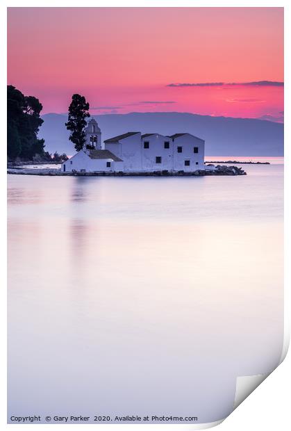 Vlacherna Monastery Corfu, Greece, at sunrise.	  Print by Gary Parker