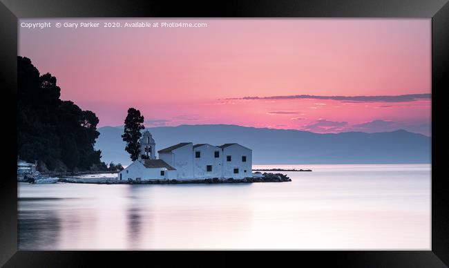 Vlacherna Monastery Corfu, Greece, at sunrise.  Framed Print by Gary Parker