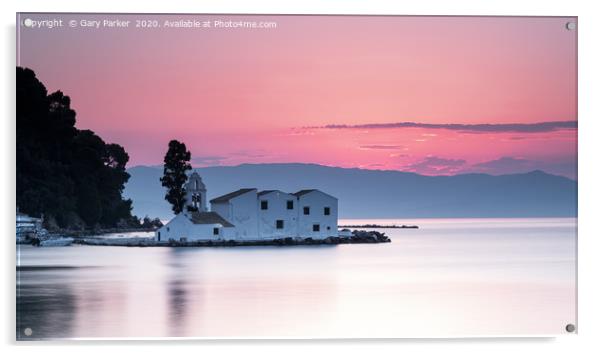 Vlacherna Monastery Corfu, Greece, at sunrise.  Acrylic by Gary Parker
