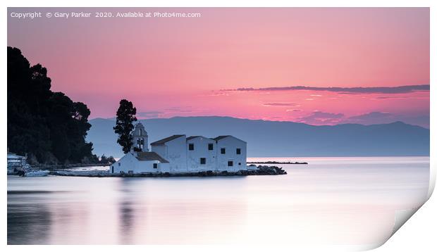 Vlacherna Monastery Corfu, Greece, at sunrise.  Print by Gary Parker