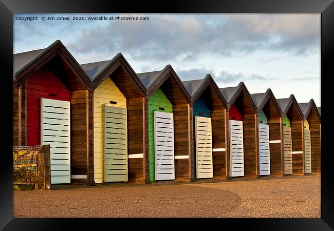 Bonny Blyth Beach Huts Framed Print by Jim Jones