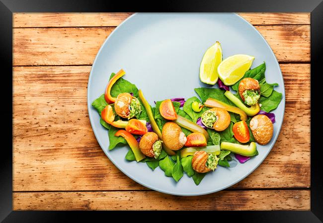 Salad with vegetables and snails Framed Print by Mykola Lunov Mykola