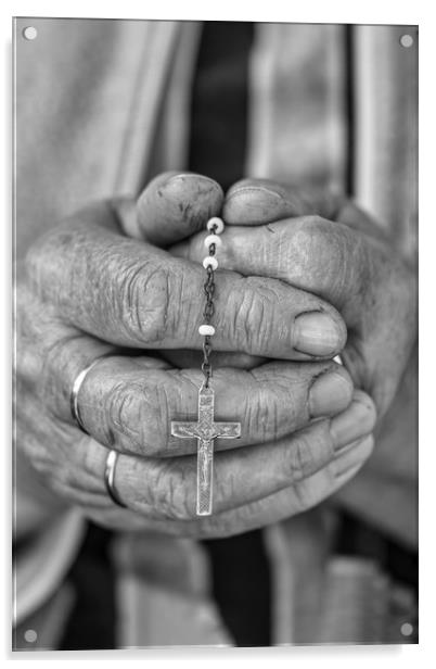 Elderly lady s hands holding a rosary, black and w Acrylic by Arpad Radoczy