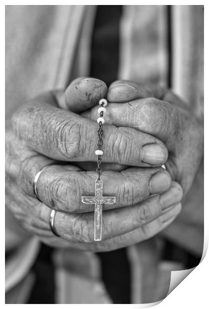 Elderly lady s hands holding a rosary, black and w Print by Arpad Radoczy