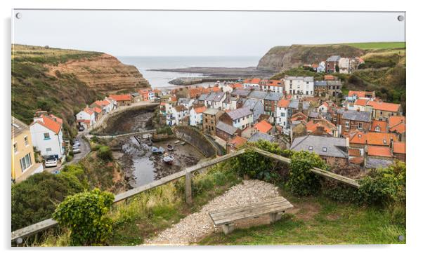 Bench looking down on Staithes Acrylic by Jason Wells