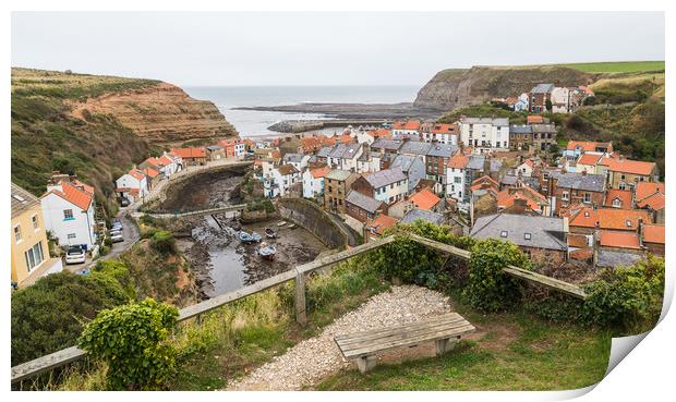 Bench looking down on Staithes Print by Jason Wells