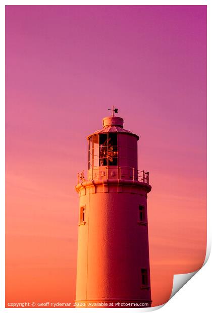 Lighthouse at sunset Print by Geoff Tydeman
