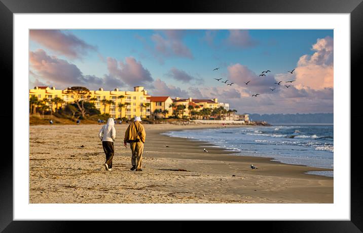 Old Couple Walking up Empty  Beach Framed Mounted Print by Darryl Brooks