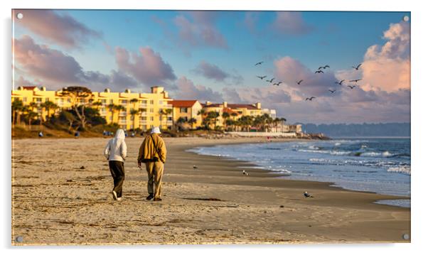 Old Couple Walking up Empty  Beach Acrylic by Darryl Brooks