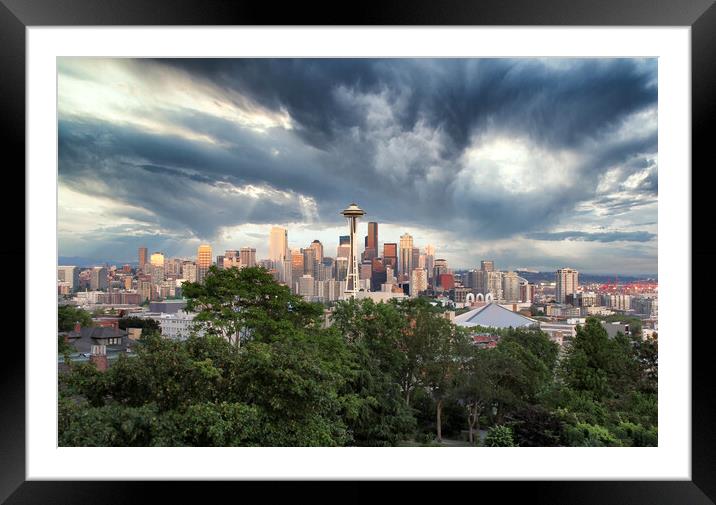 Skyline of Seattle Washington with storm approaching  Framed Mounted Print by Thomas Baker
