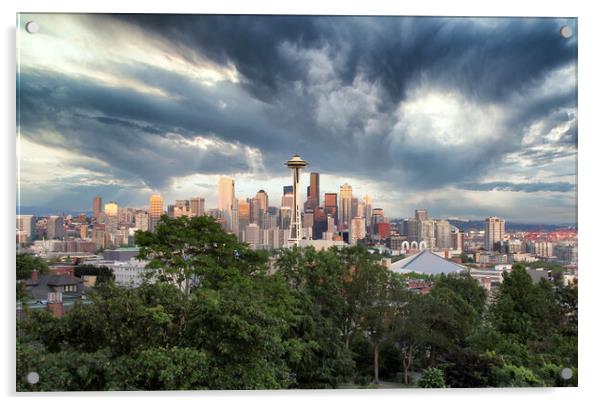 Skyline of Seattle Washington with storm approaching  Acrylic by Thomas Baker