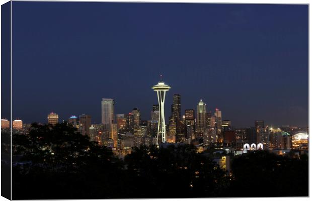 Twilight Skyline of Seattle Washington Canvas Print by Thomas Baker