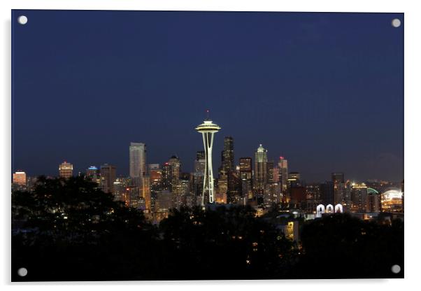 Twilight Skyline of Seattle Washington Acrylic by Thomas Baker