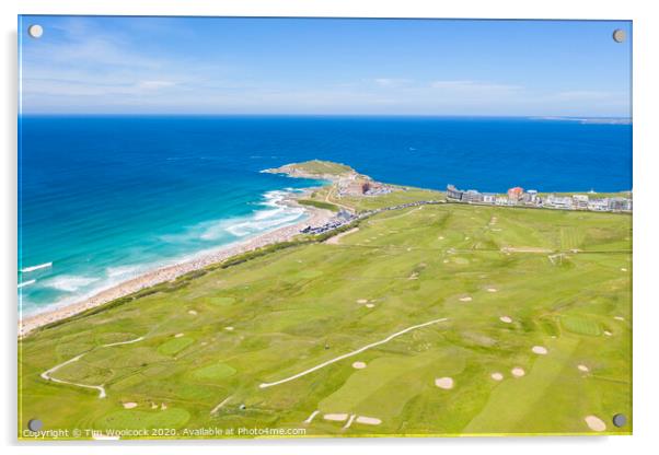 Aerial photograph of Fistral Beach and golf course , Newquay, Cornwall, England Acrylic by Tim Woolcock