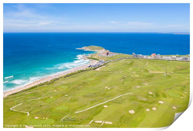 Aerial photograph of Fistral Beach and golf course , Newquay, Cornwall, England Print by Tim Woolcock