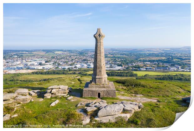 Aerial photograph of Carn Brea Monument, Redruth, Cornwall Print by Tim Woolcock