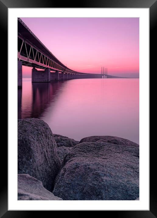 Oresunds Bridge at Pink Sunset  Framed Mounted Print by Antony McAulay