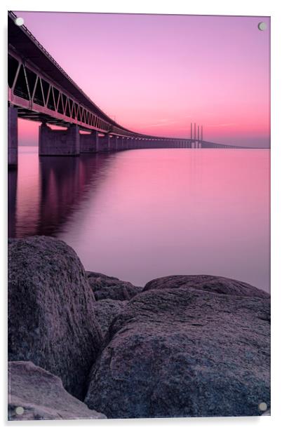Oresunds Bridge at Pink Sunset  Acrylic by Antony McAulay