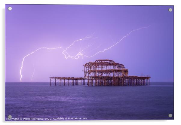 Brighton West Pier Lightning Acrylic by Pablo Rodriguez