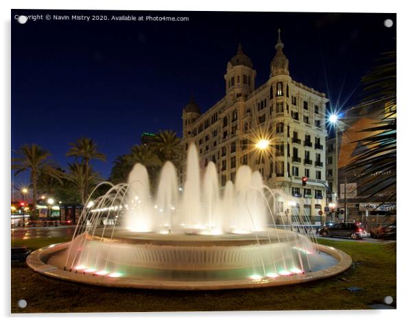 A fountain lit up at night, Alicante, Spain Acrylic by Navin Mistry