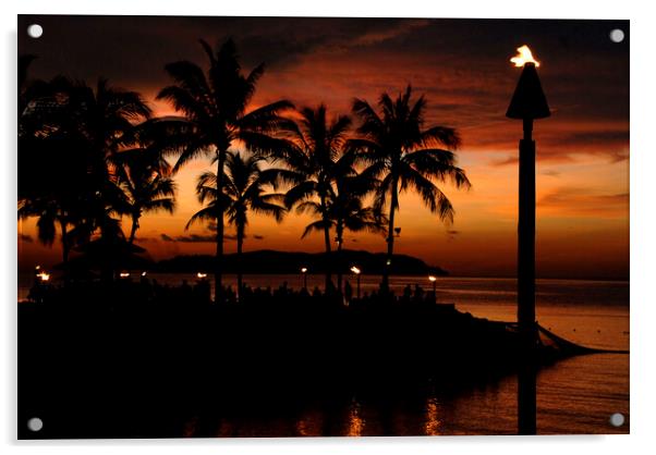 A red sunset over ocean shore in front of a palm tree Acrylic by Alessandro Della Torre