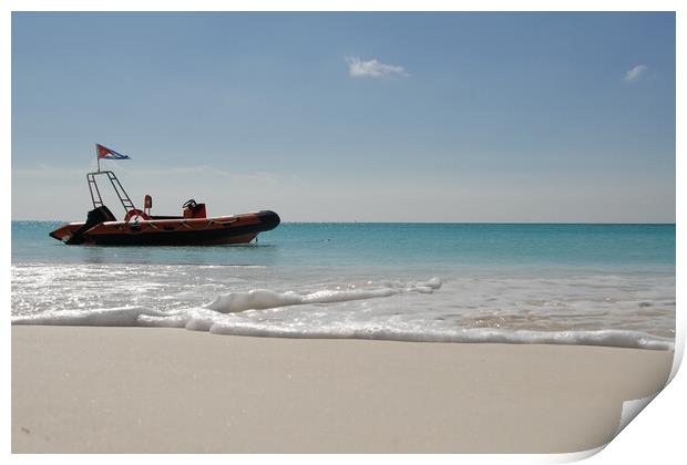 A boat on a beach near a calm water of ocean Print by Alessandro Della Torre
