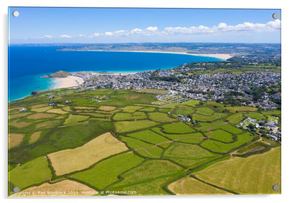 Aerial photograph of St Ives taken towards Hayle Acrylic by Tim Woolcock