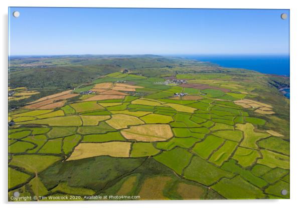 Aerial photograph of a patchwork of farmers fields near St Ives Acrylic by Tim Woolcock