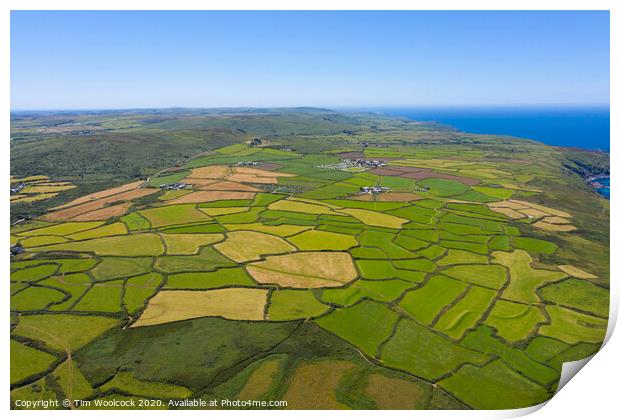 Aerial photograph of a patchwork of farmers fields near St Ives Print by Tim Woolcock