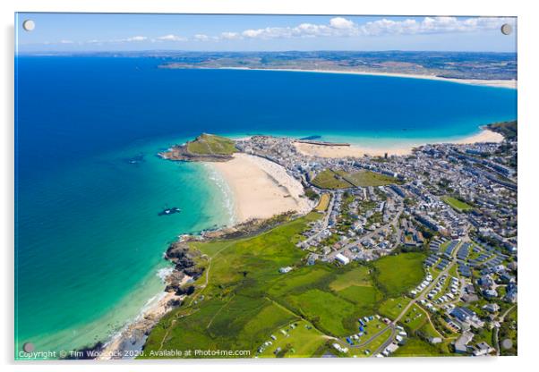 Aerial photograph of St Ives taken towards Hayle Acrylic by Tim Woolcock