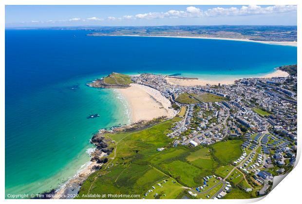 Aerial photograph of St Ives taken towards Hayle Print by Tim Woolcock