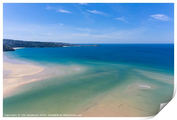 Aerial photograph of Hayle Beach towards St Ives, Cornwall, England Print by Tim Woolcock