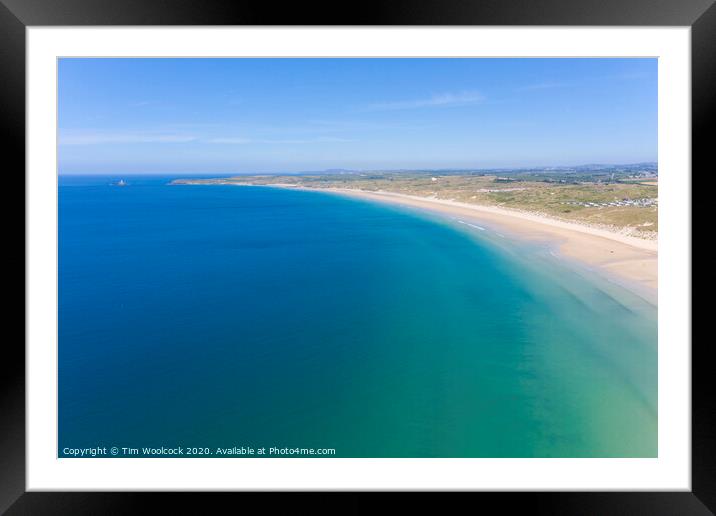 Aerial photograph of Hayle Beach towards Godrevy lightouse, Cornwall, England Framed Mounted Print by Tim Woolcock
