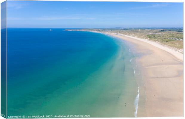 Aerial photograph of Hayle Beach towards Godrevy lightouse, Cornwall, England Canvas Print by Tim Woolcock
