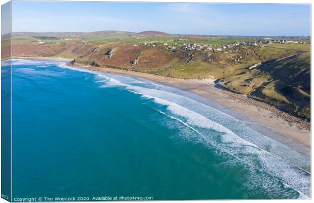Aerial photograph of Sennen Cove, Penzance, Cornwall, England Canvas Print by Tim Woolcock