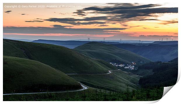 Sunset over the south Wales valleys from the Bwlch mountain. Print by Gary Parker