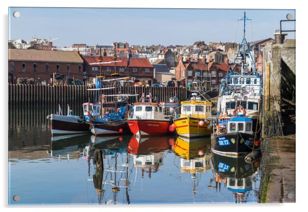 Colourful fishing boats in Scarborough harbour Acrylic by Jason Wells