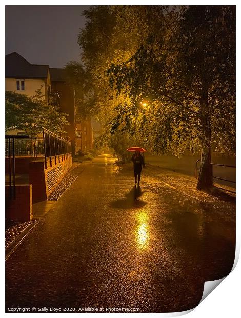 Rainy Night Red Umbrella  Print by Sally Lloyd