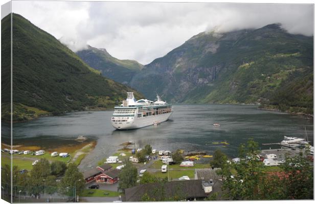 travel Cruise boat stopped into Geirangerfjord, Norway,  in the background Canvas Print by Alessandro Della Torre