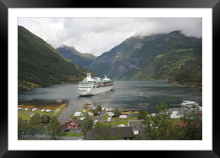 travel Cruise boat stopped into Geirangerfjord, Norway,  in the background Framed Mounted Print by Alessandro Della Torre