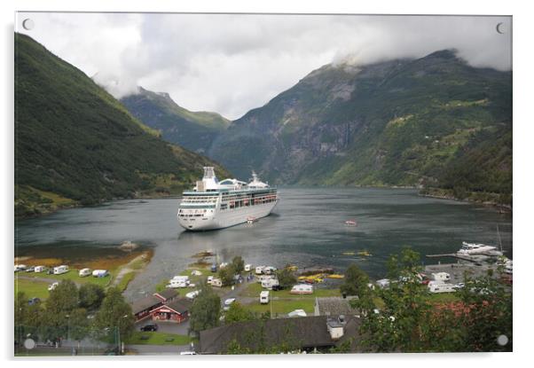 travel Cruise boat stopped into Geirangerfjord, Norway,  in the background Acrylic by Alessandro Della Torre
