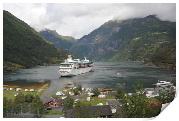travel Cruise boat stopped into Geirangerfjord, Norway,  in the background Print by Alessandro Della Torre