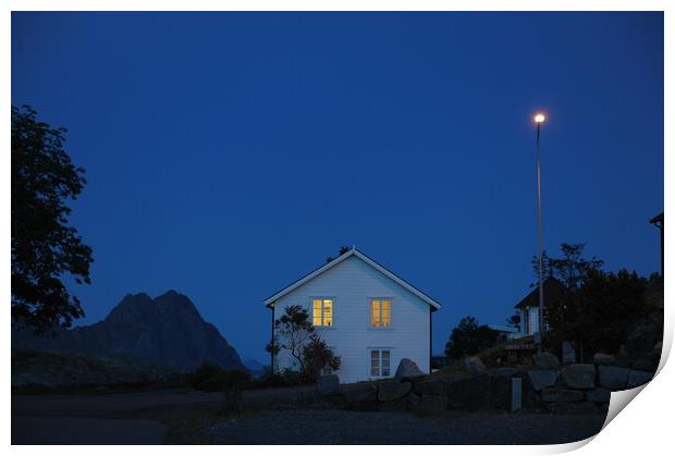 A house that in the blue hours has a sign on the side of the street Print by Alessandro Della Torre