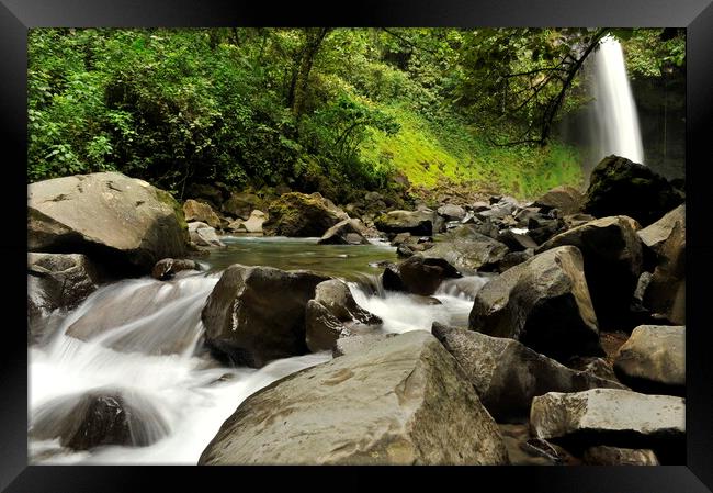 A large waterfall over a rocky cliff on rainforest jungle Framed Print by Alessandro Della Torre