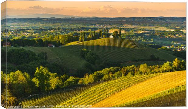 Sunset over South Styria vineyard landscape in Steiermark, Austria. Canvas Print by Przemek Iciak