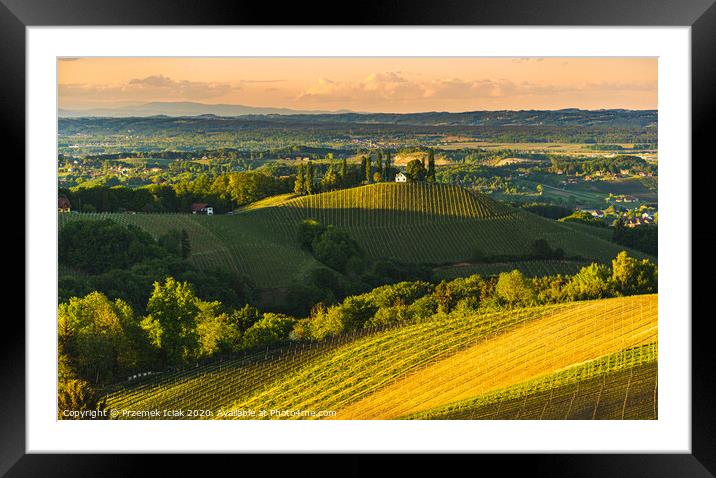 Sunset over South Styria vineyard landscape in Steiermark, Austria. Framed Mounted Print by Przemek Iciak