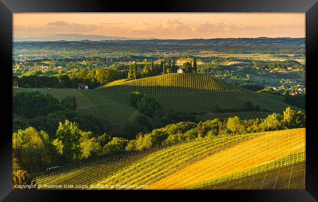 Sunset over South Styria vineyard landscape in Steiermark, Austria. Framed Print by Przemek Iciak