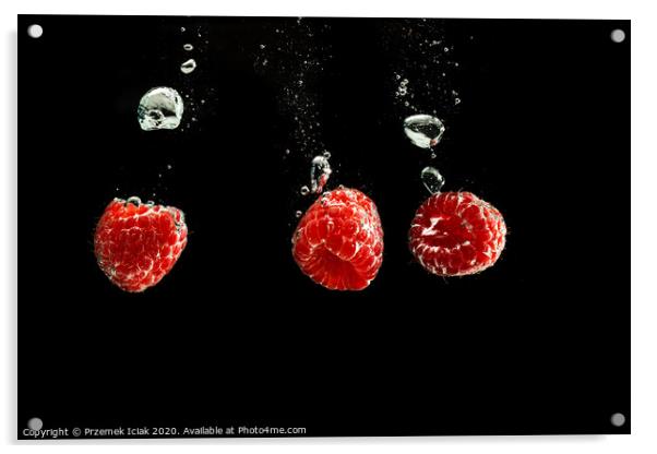 Raspberries splashing into clear water isolated on black background. Acrylic by Przemek Iciak