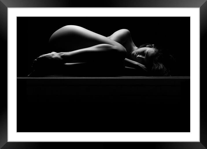 Nude woman fine art naked lying sleeping on black Framed Mounted Print by Alessandro Della Torre